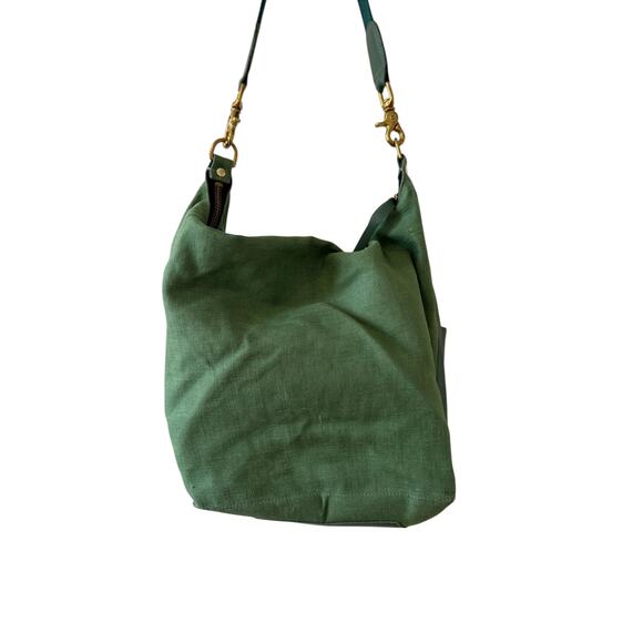 Clare V Le Zip Sac Slouchy Tote Bag Leather & Cotton Green - Picture 3 of 9